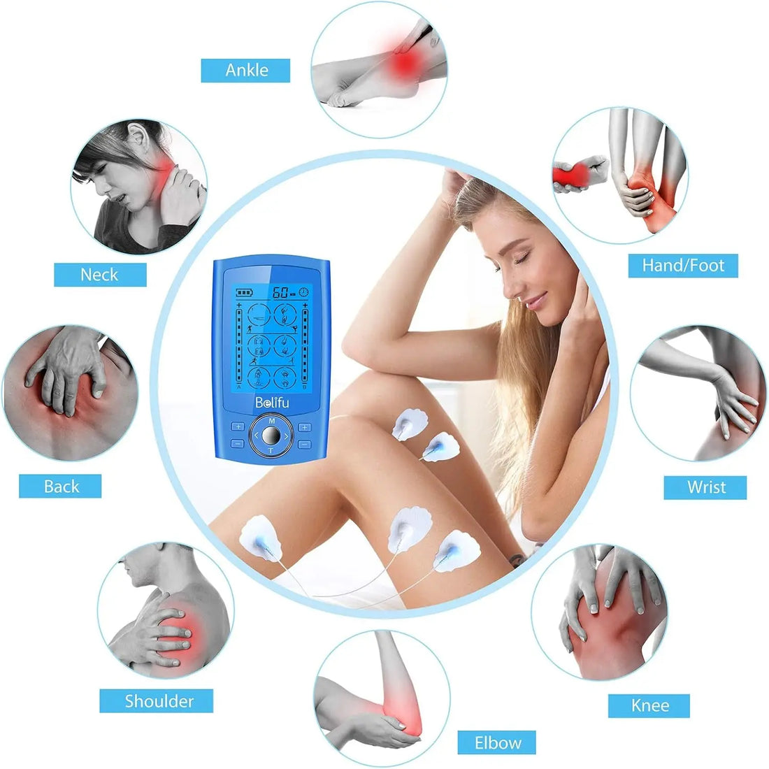 Dual Channel TENS EMS Unit 24 Modes Muscle Stimulator for Pain Relief Therapy, Electronic Pulse Massager Muscle Massager with 10 Pads, Dust-Proof Drawstring Storage Bag, Fastening Cable Ties