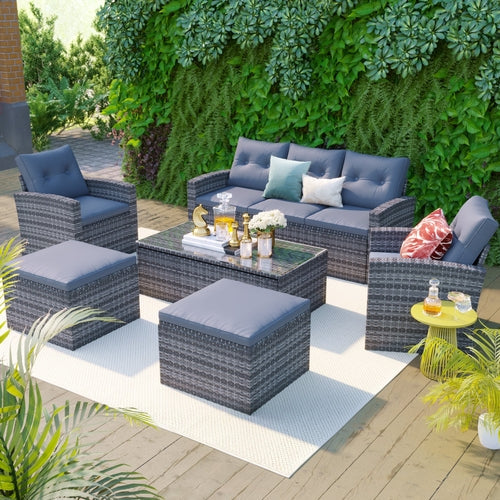 6-piece All-Weather PE rattan Patio Outdoor Dining Conversation Sangria Beech