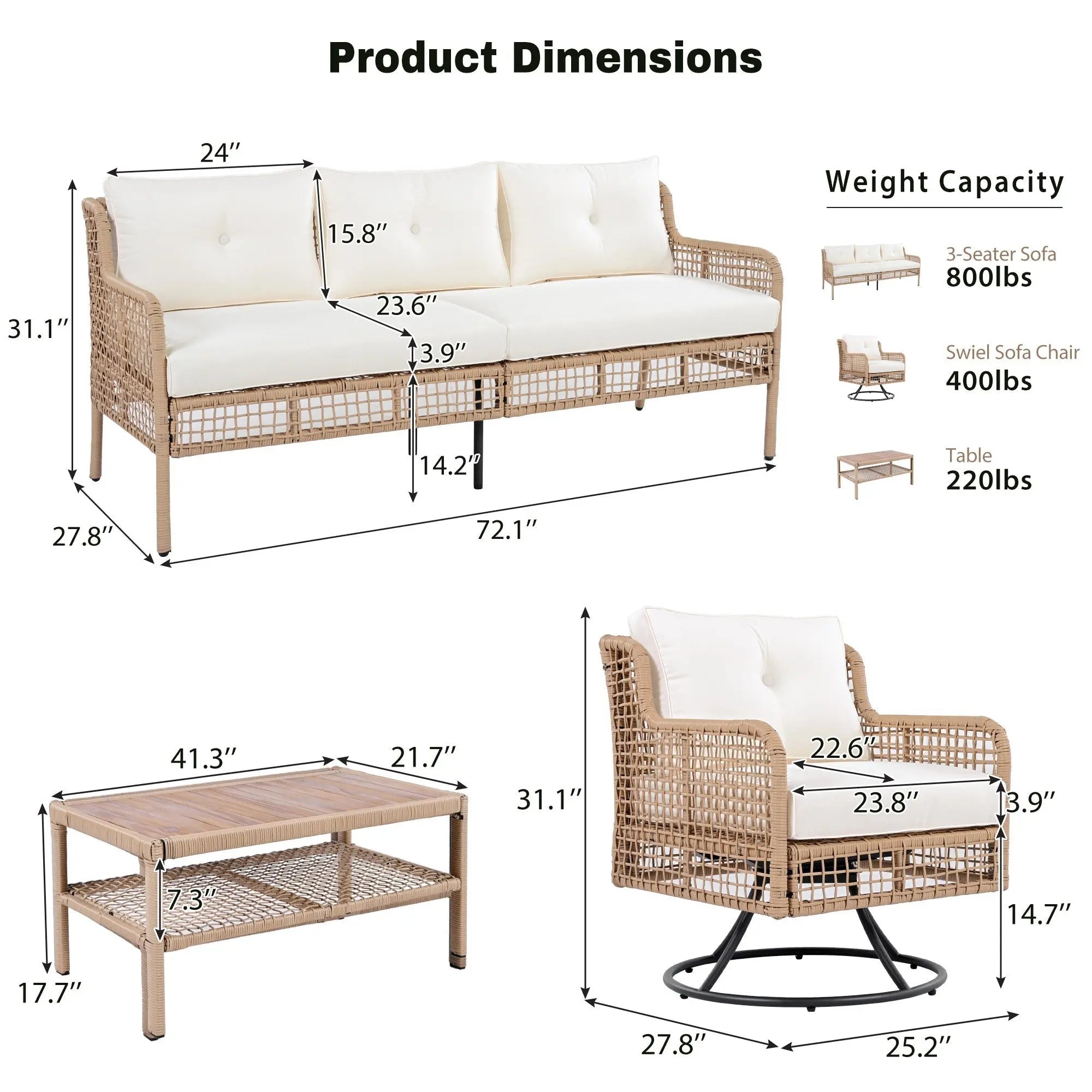 4 Pieces Patio Furniture Set with Swivel Chairs, Outdoor Wicker Sofas Sangria Beech