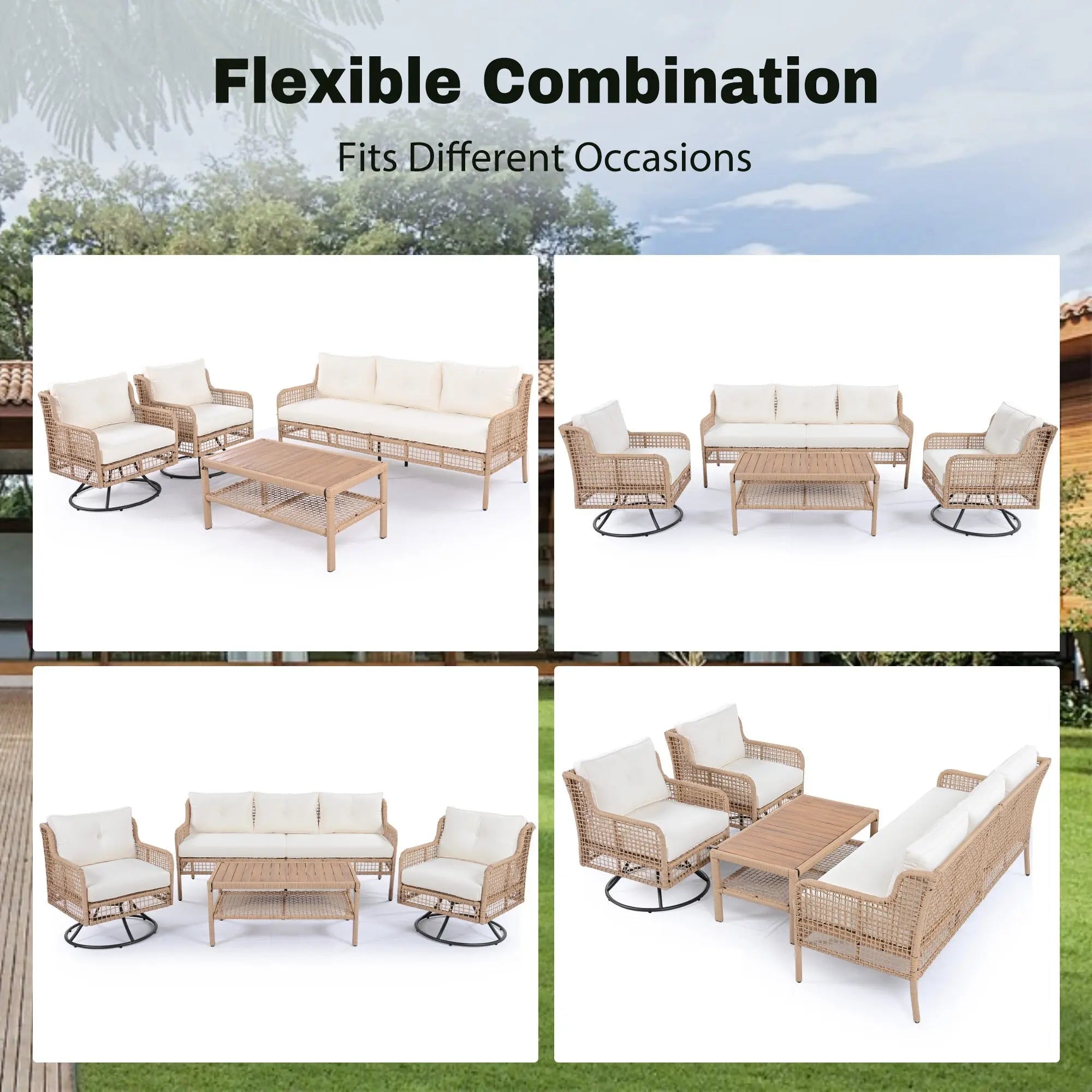4 Pieces Patio Furniture Set with Swivel Chairs, Outdoor Wicker Sofas Sangria Beech