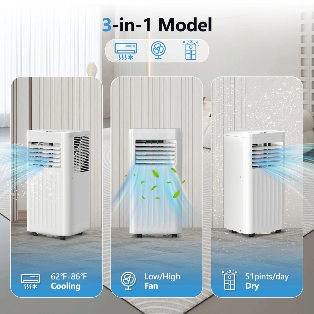 Portable Air Conditioners 8000 BTU Ashrae– 3-In-1 AC Unit, Dehumidifier & Fan with 24-Hour Timer/Remote Control for Home/Office/Apartments/Dorm