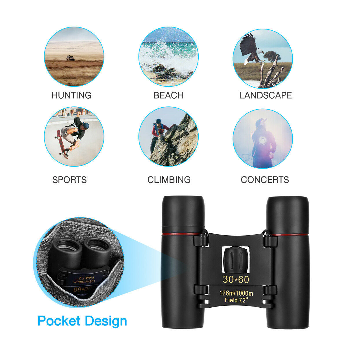 Binoculars 30x60 Zoom Travel Compact Folding Telescope Hunting Day Night Outdoor Small Pocket Binoculars Compact Adults, Mini Kids Binoculars Boys For Bird Watching, Concert Theater Opera Pink Lucy