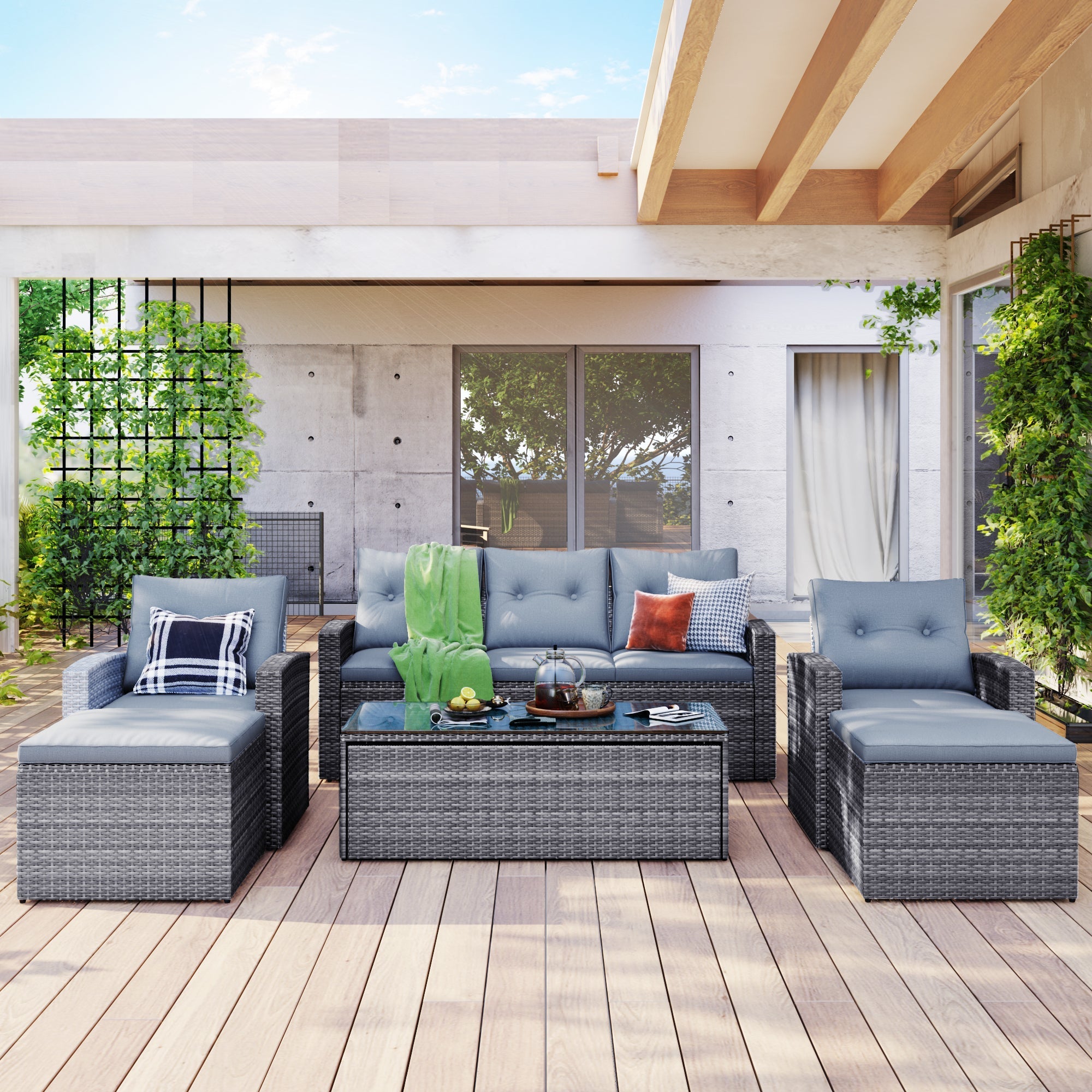 6-piece All-Weather PE rattan Patio Outdoor Dining Conversation Sangria Beech