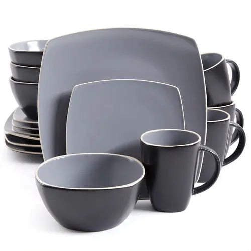 Gibson Soho Lounge Matte 16-Piece Dinnerware Set, Gray/Black Yellow Crius