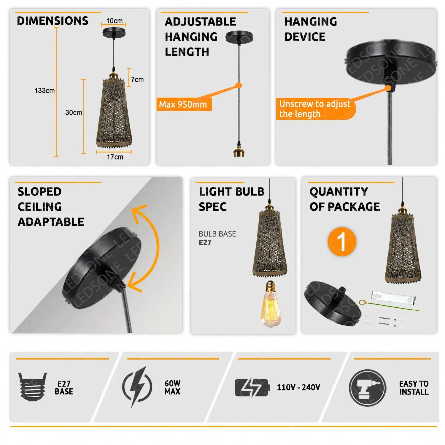 Natural Rattan Style Ceiling Pendant Light Shade E27 Base Handmade Sangria Angel