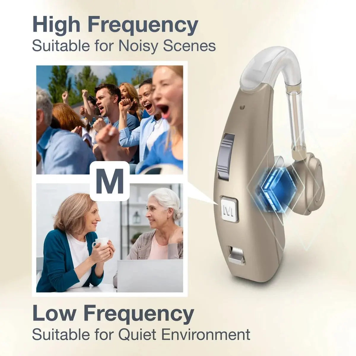 Hearing Aid VHP-1303 for Seniors with 4 Modes & 8 Volume Control, Rechargeable Digital Sound Device with Noise Cancelling, Ideal for Adults with Hearing Loss - Gold