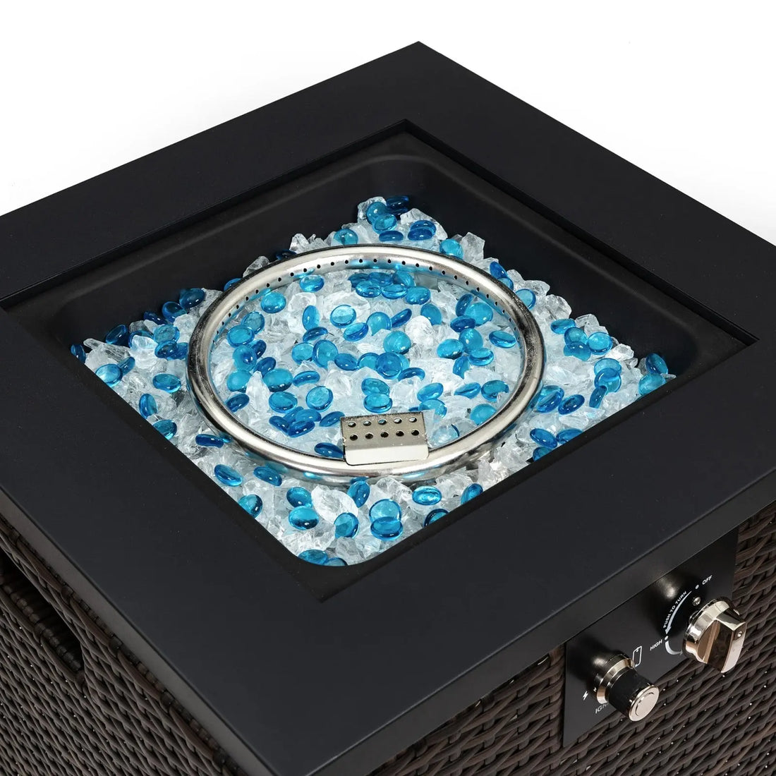 FlameHaven™ – Wicker Propane Fire Pit Column with Glass Wind Guard US Carmine Juneberry