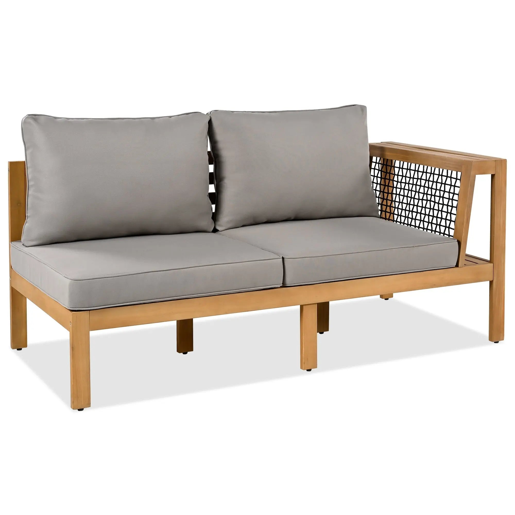 4 Pieces Outdoor Acacia Wood Sofa Set, Woven Mesh Armrests, L-Shaped Sangria Beech
