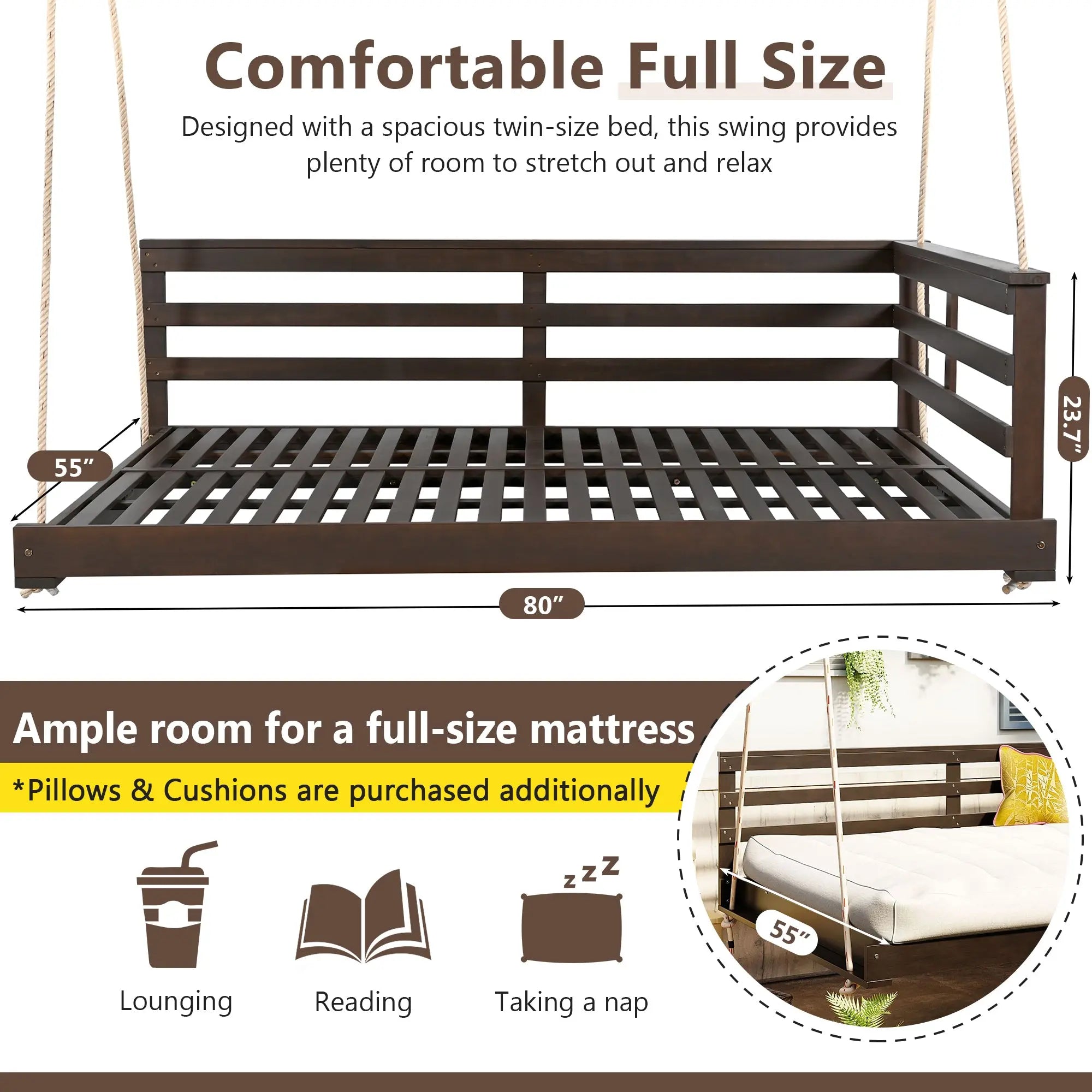 Acacia Wood Porch Swing Bed for Outdoor with Hemp Ropes - Full Size Sangria Beech