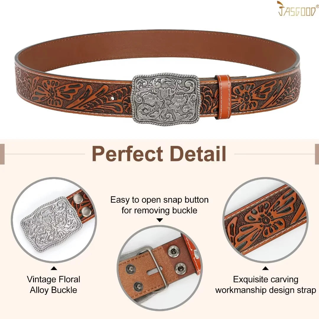Men Women Western Belts Floral Embossed Leather Country Belt Cowgirls Cowboy