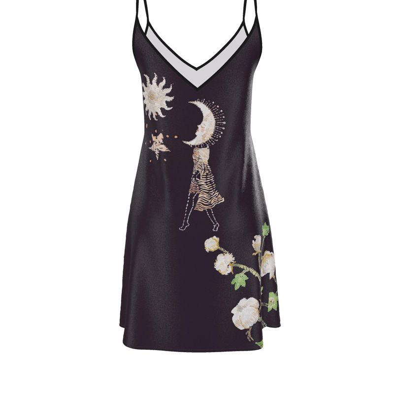 Vela Silk Slip Dress in Black Jungle Butterfly Violet Apollo