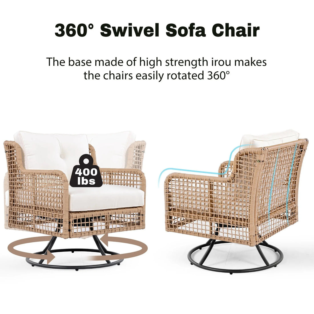 4 Pieces Patio Furniture Set with Swivel Chairs, Outdoor Wicker Sofas Sangria Beech