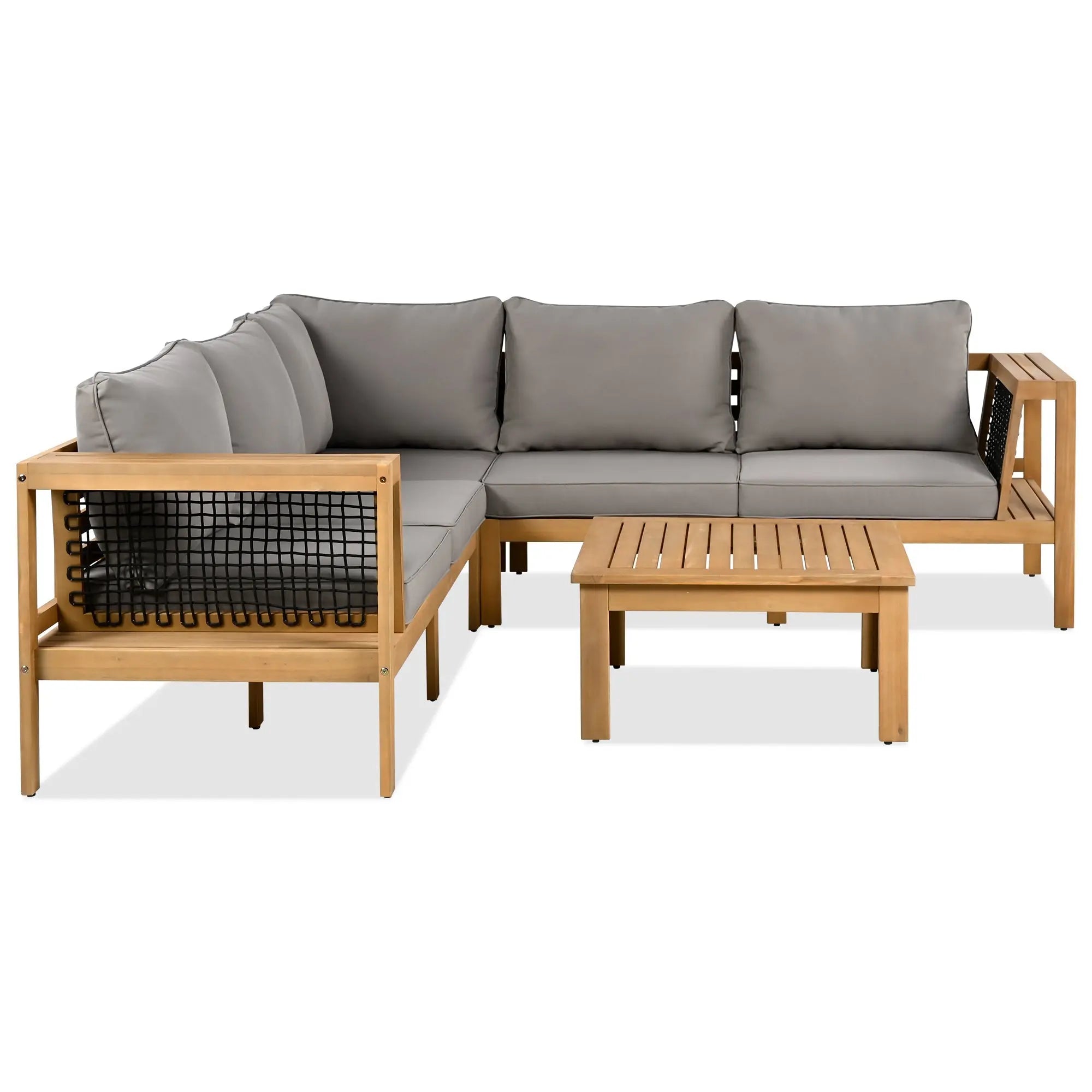 4 Pieces Outdoor Acacia Wood Sofa Set, Woven Mesh Armrests, L-Shaped Sangria Beech