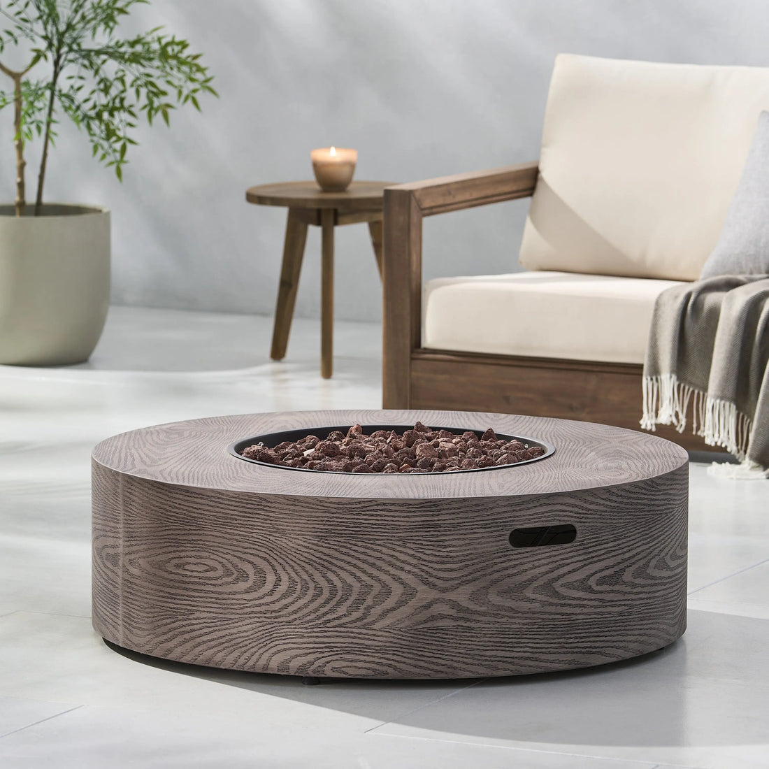 AIDAN ROUND IRON FIRE PIT - 50,000 BTU TANK OUTSIDE Sangria Beech