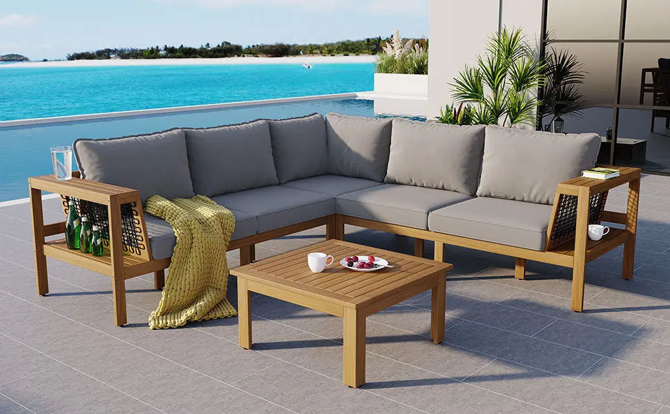 4 Pieces Outdoor Acacia Wood Sofa Set, Woven Mesh Armrests, L-Shaped Sangria Beech
