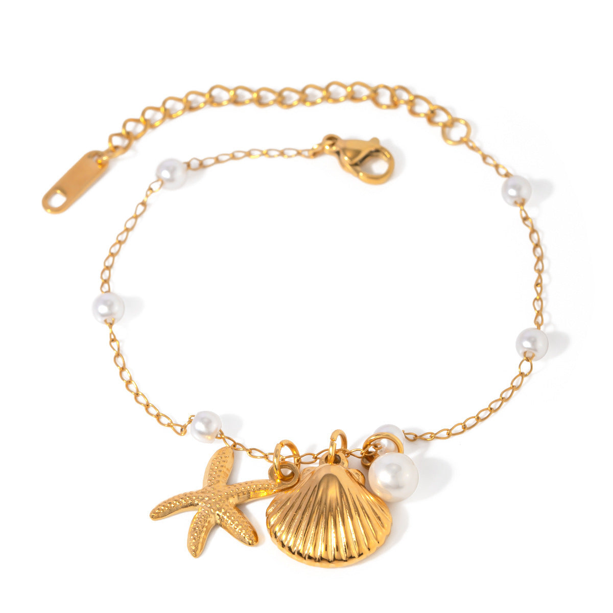 Fashion Jewelry 18K Gold Stainless Steel Pearl Chain Summer Holiday Shell Starfish Pendant Bracelet Indigo Arrowwood
