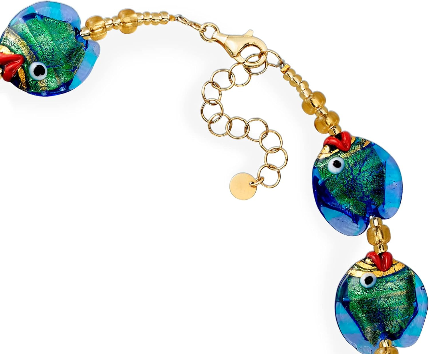 Italian Multicolored Murano Glass Fish Necklace with 18Kt Gold over Sterling. 18 Inches
