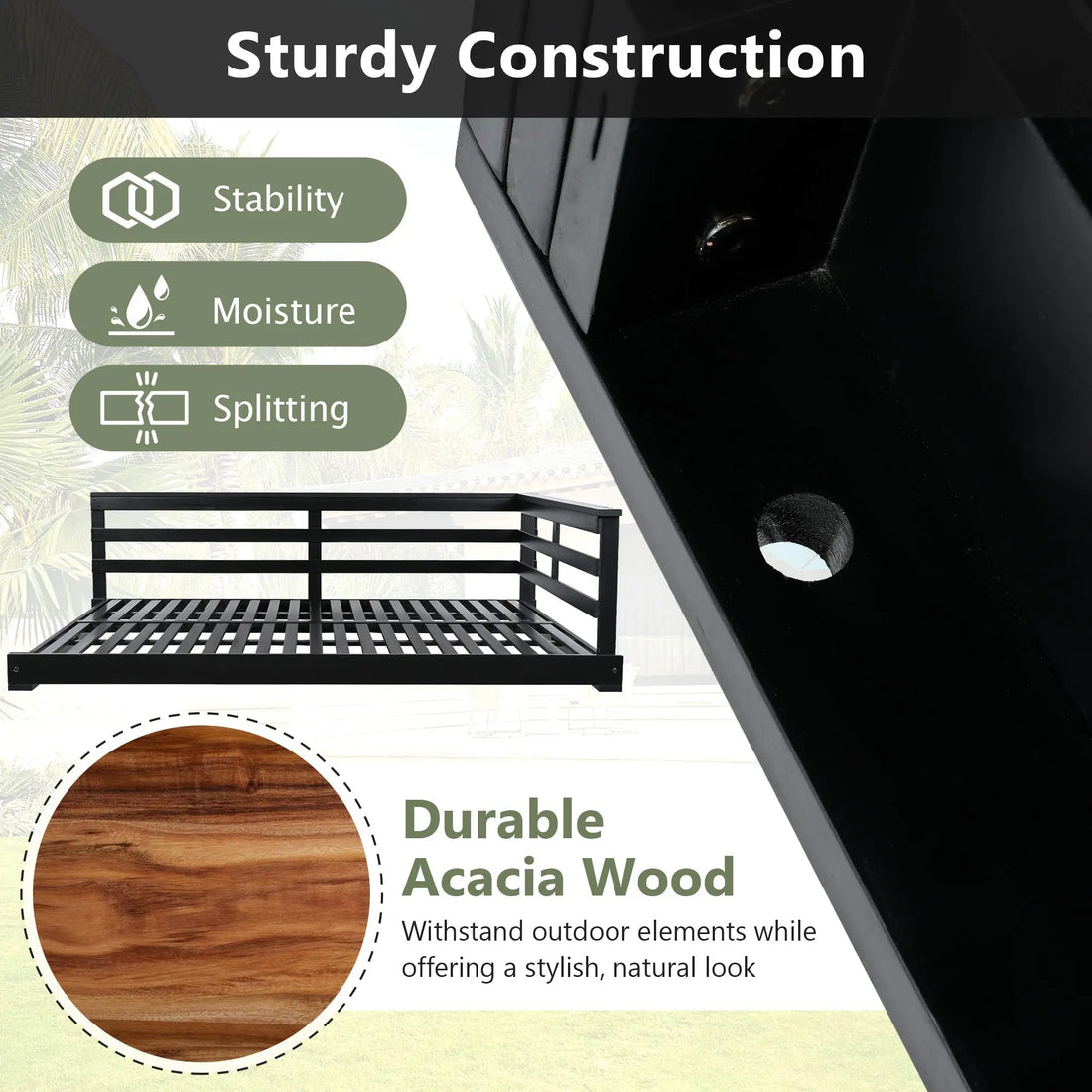 Acacia Wood Porch Swing Bed for Outdoor with Hemp Ropes - Full Size Sangria Beech