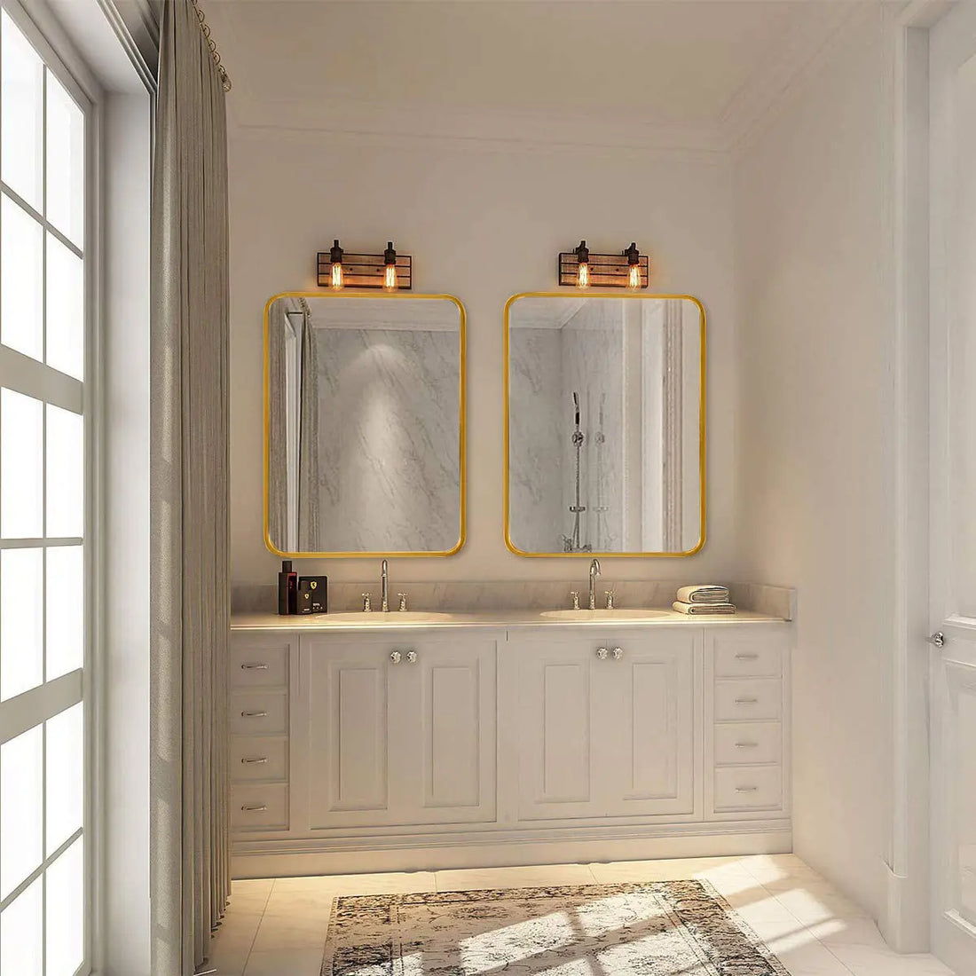 22x30 Inch Gold Metal Framed Rectangular Bathrrom Mirror for Wall. Sangria Beech