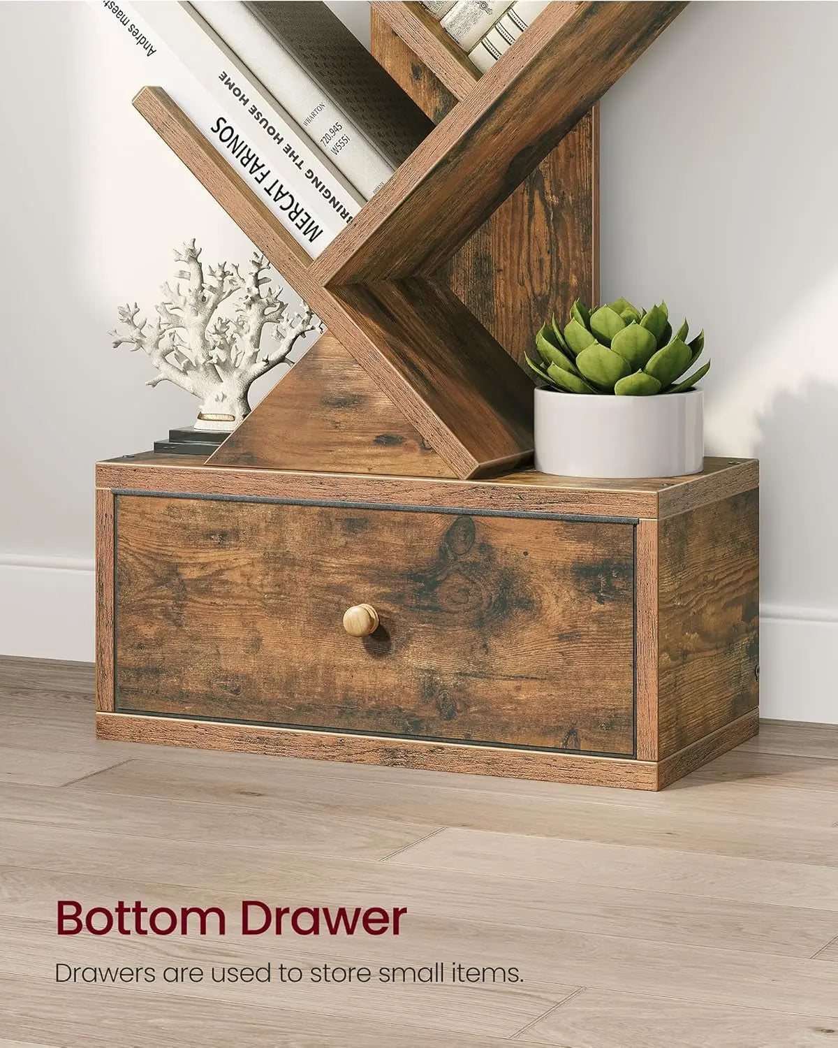 9 Tier Tree Book Shelf with Drawer, Floor Standing Bookshelf Storage Peach Maple