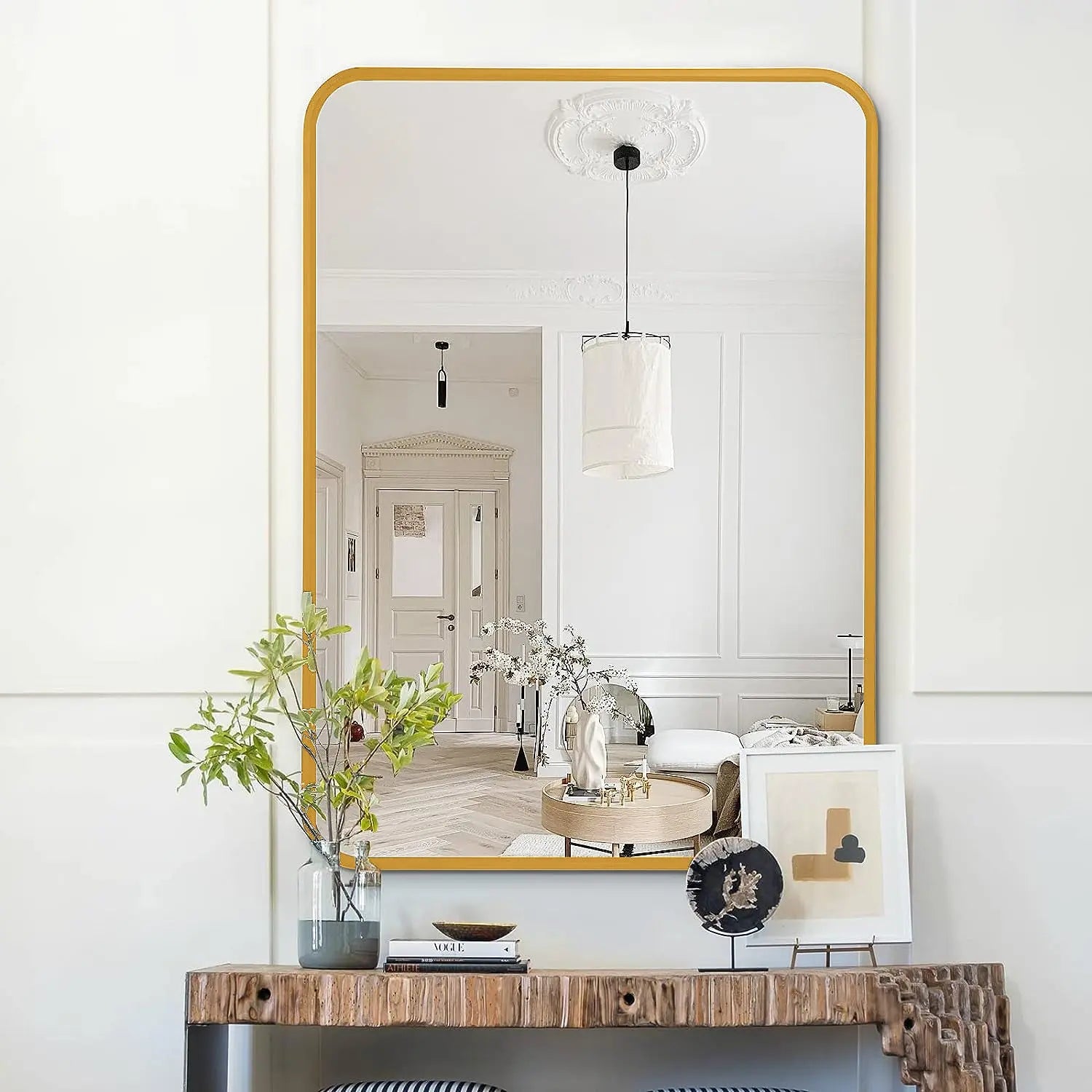 22x30 Inch Gold Metal Framed Rectangular Bathrrom Mirror for Wall. Sangria Beech