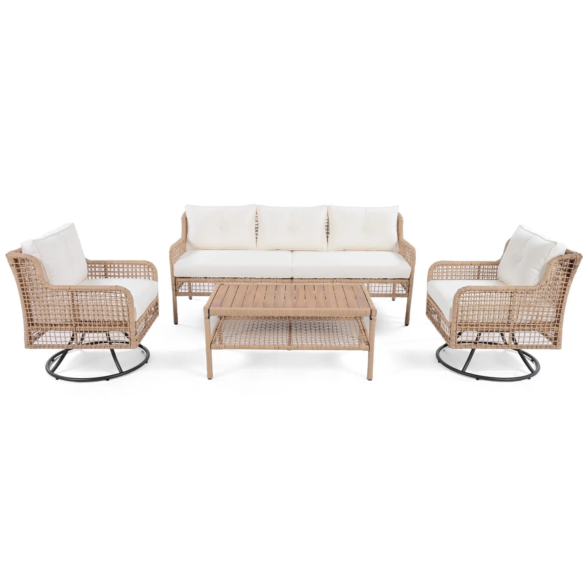 4 Pieces Patio Furniture Set with Swivel Chairs, Outdoor Wicker Sofas Sangria Beech