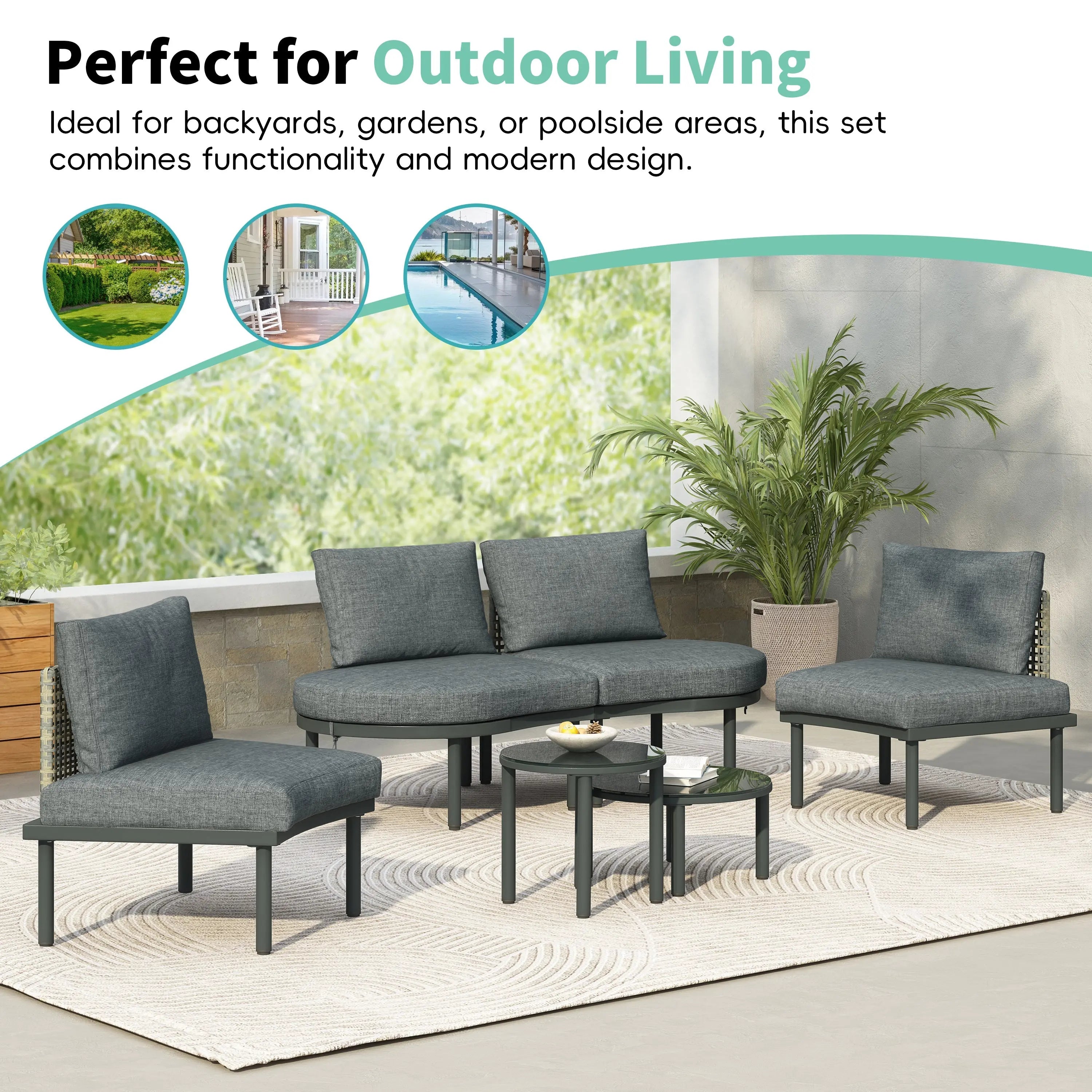 6-Piece Patio Sofa Furniture Set, Half Moon Outdoor Sectional Sofa Sangria Beech