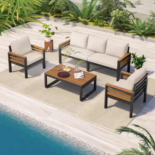 4-Piece Outdoor Furniture Sofa Set for 5 People with Acacia Wood Sangria Beech