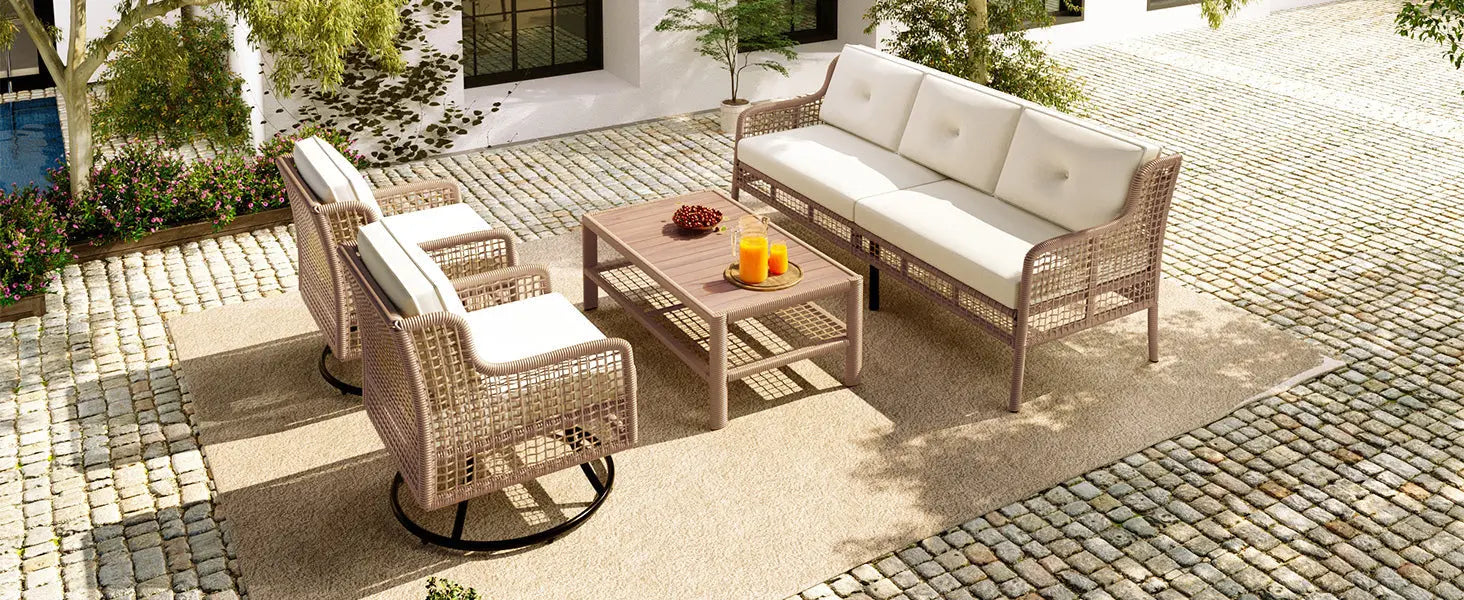 4 Pieces Patio Furniture Set with Swivel Chairs, Outdoor Wicker Sofas Sangria Beech