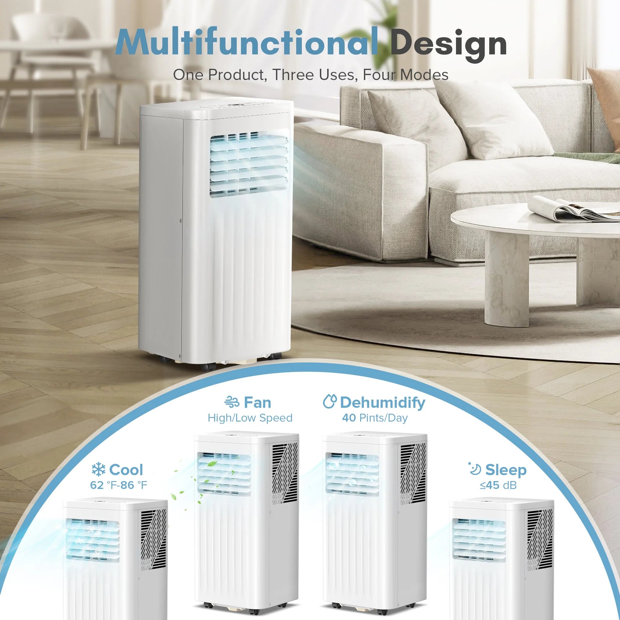 Portable Air Conditioner 8000 BTU Ashrae, 3-In-1 Portable AC, Dehumidifier & Fan with 24-Hour Timer/Remote Control/Windows Kit (White)