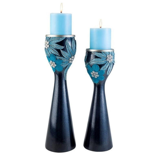 Set Of Two Navy and Aqua Floral Bling Candle Holders with Candles White Diomedes