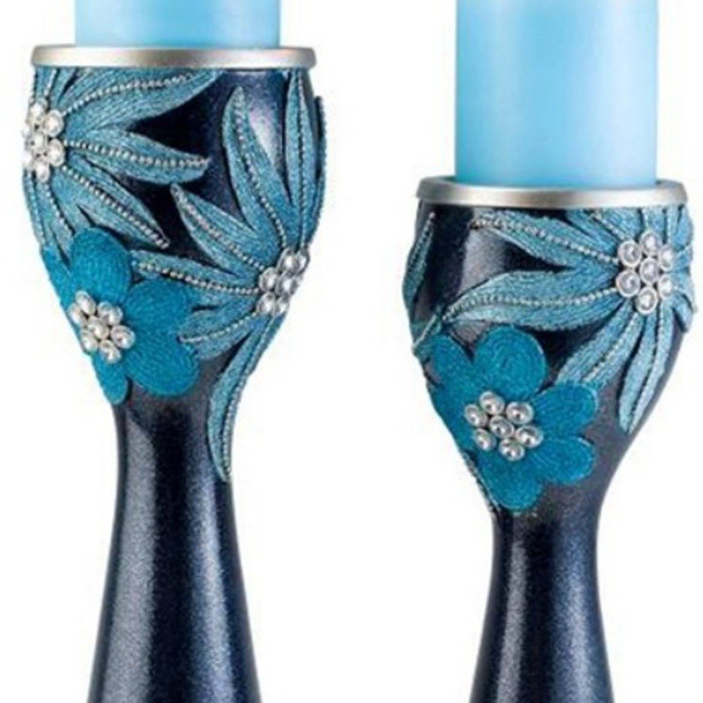 Set Of Two Navy and Aqua Floral Bling Candle Holders with Candles White Diomedes