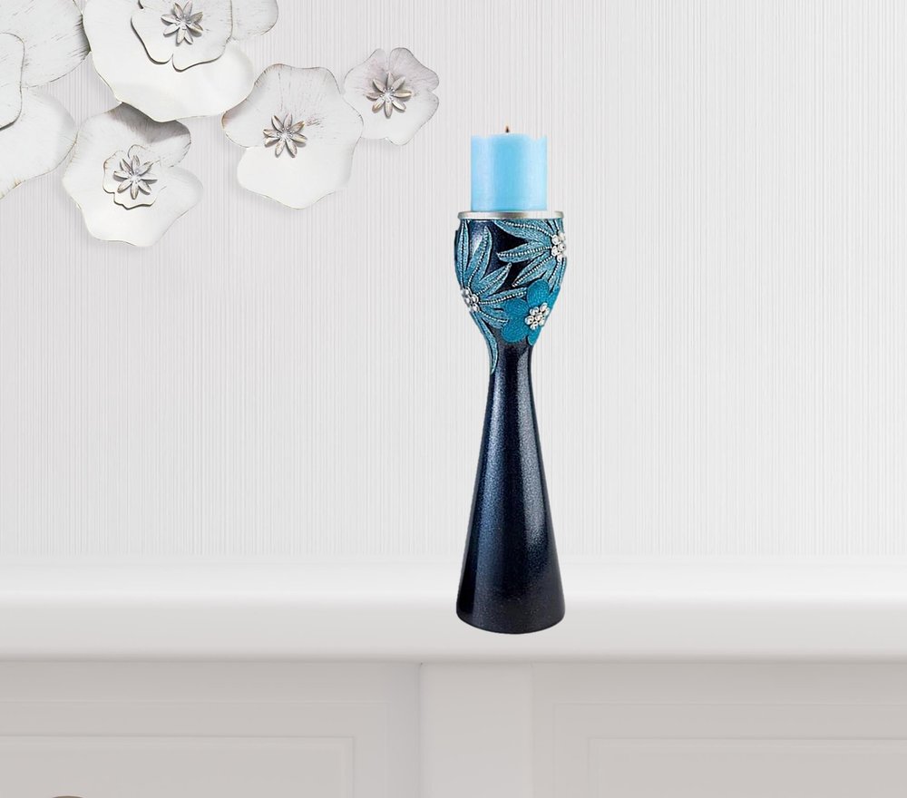 Set Of Two Navy and Aqua Floral Bling Candle Holders with Candles White Diomedes