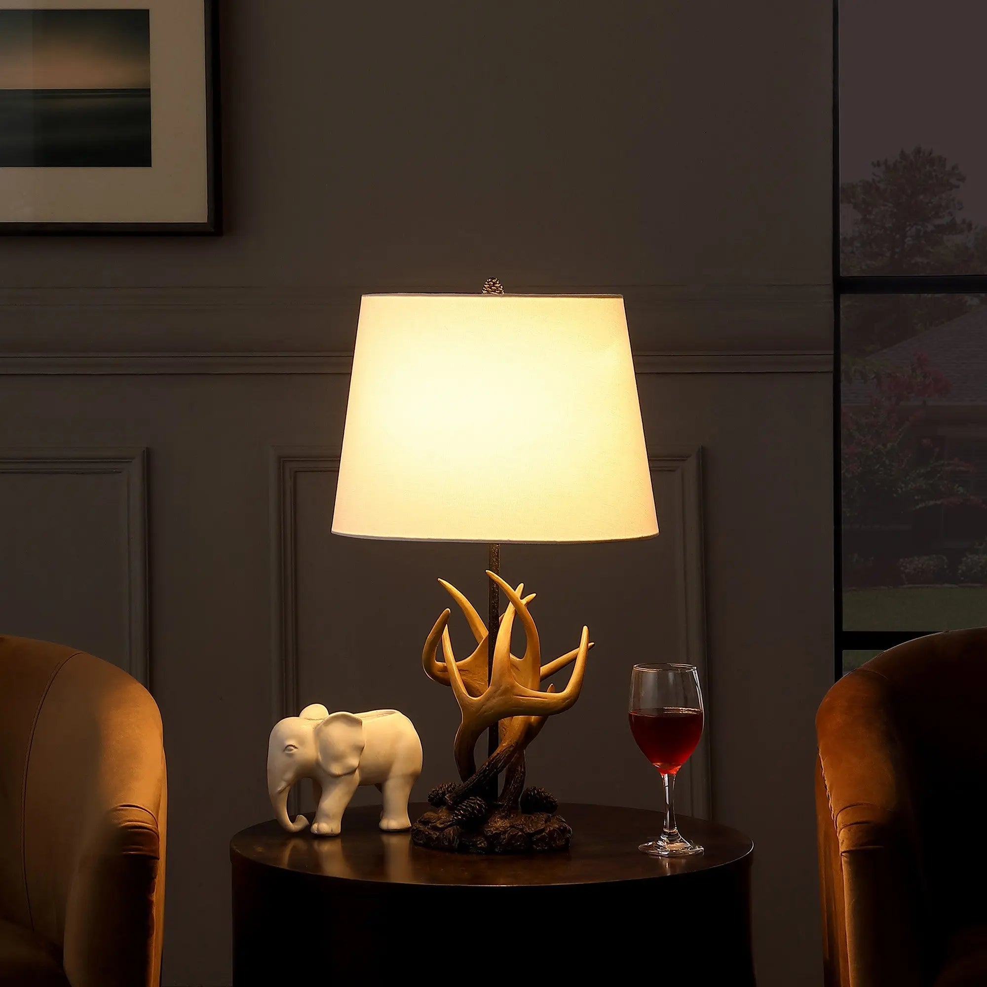 26" Natural And Brown Antlers Table Lamp With White Shade White Diomedes