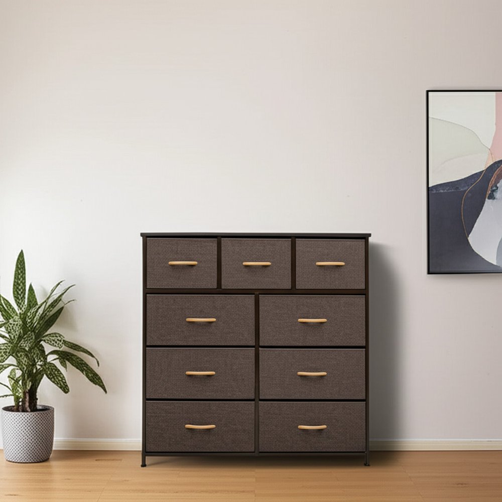 39" Brown Steel and Fabric Nine Drawer Triple Dresser White Diomedes