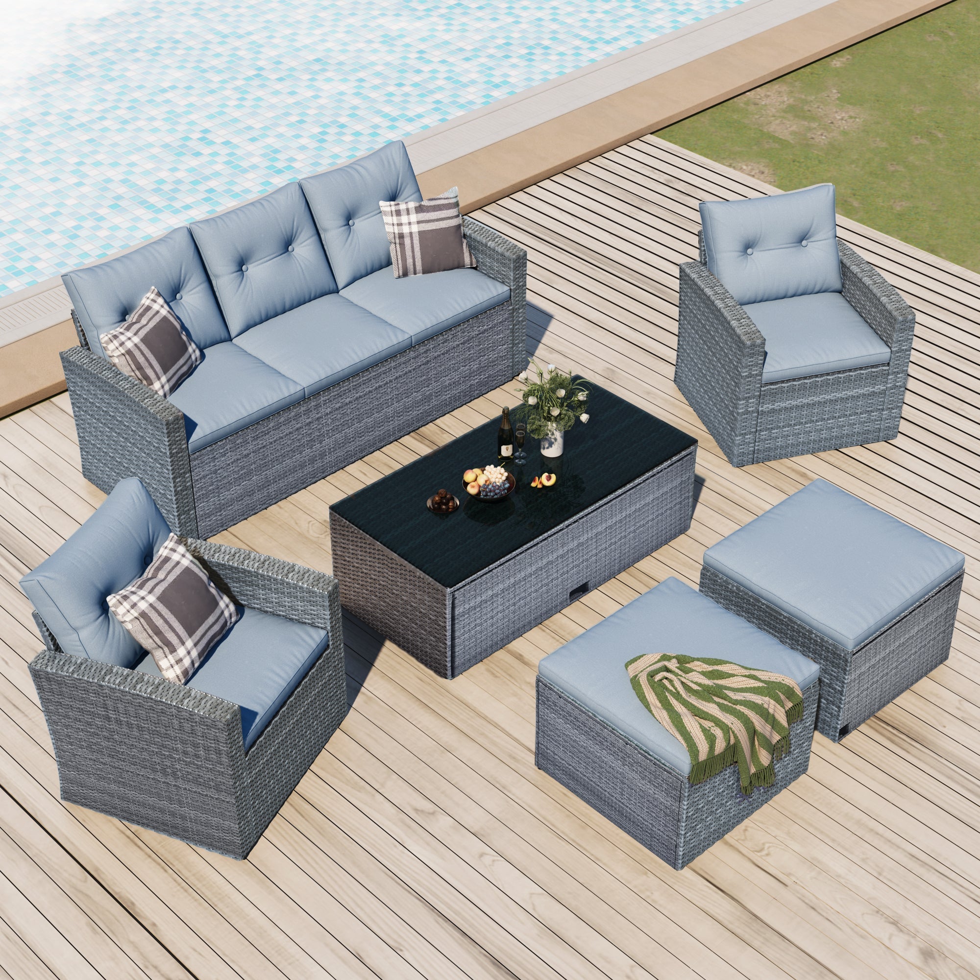 6-piece All-Weather PE rattan Patio Outdoor Dining Conversation Sangria Beech