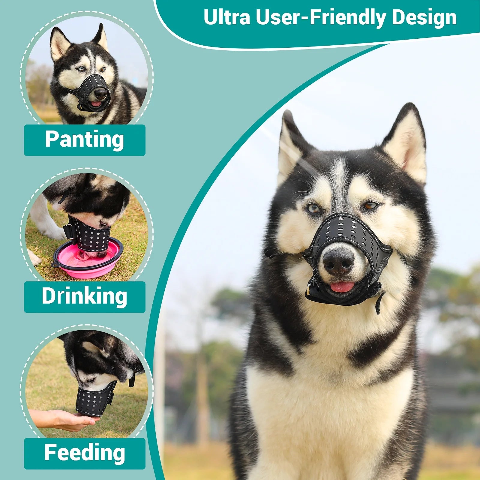 Dog Muzzle, Soft Leather Muzzle anti Biting Barking Chewing, Breathable Puppy No Bark Muzzle, Black