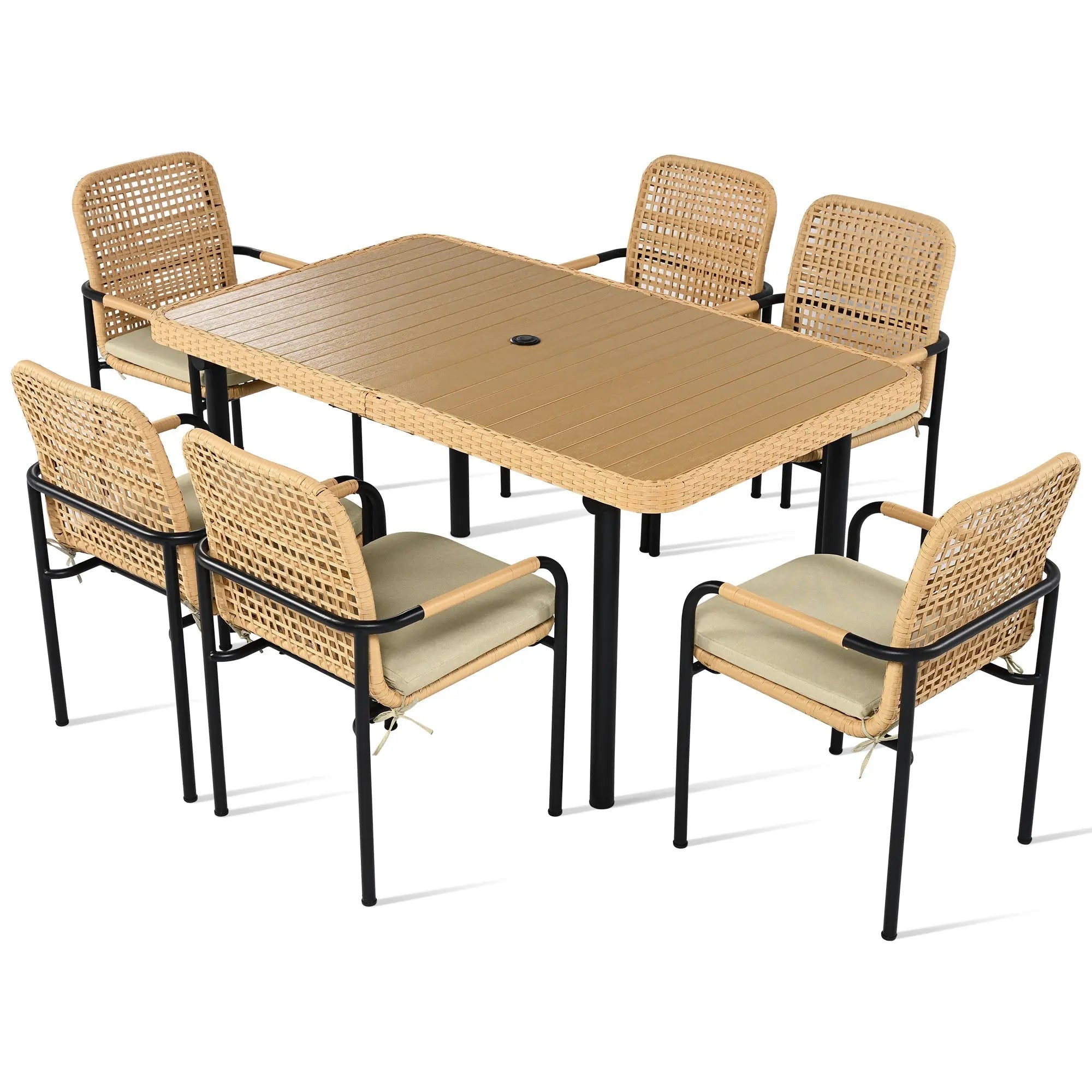 7 Pieces Patio Dining Set, Outdoor Wicker Furniture Set, Plastic-wood Sangria Beech
