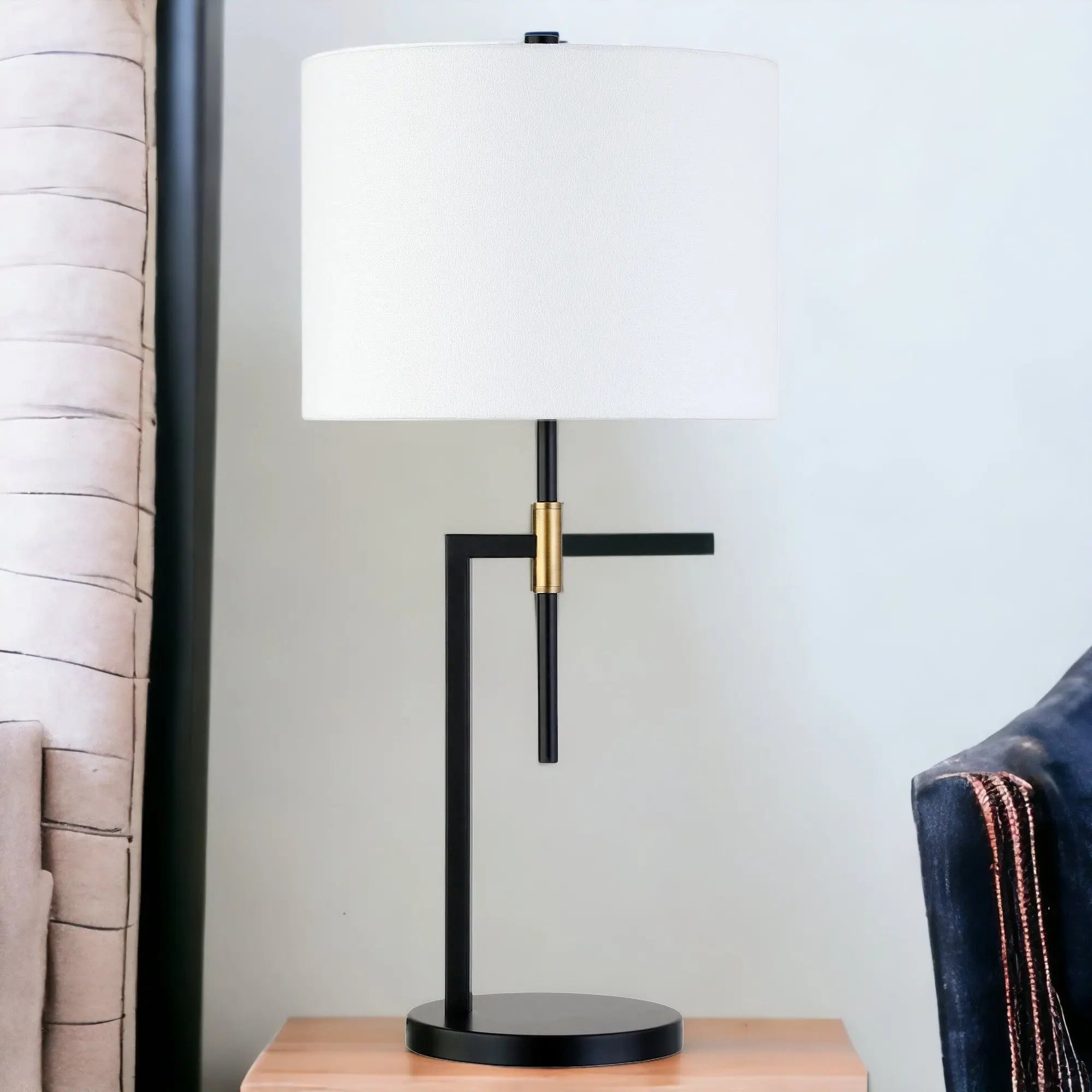 25" Black and Gold Metal Table Lamp With White Drum Shade White Diomedes