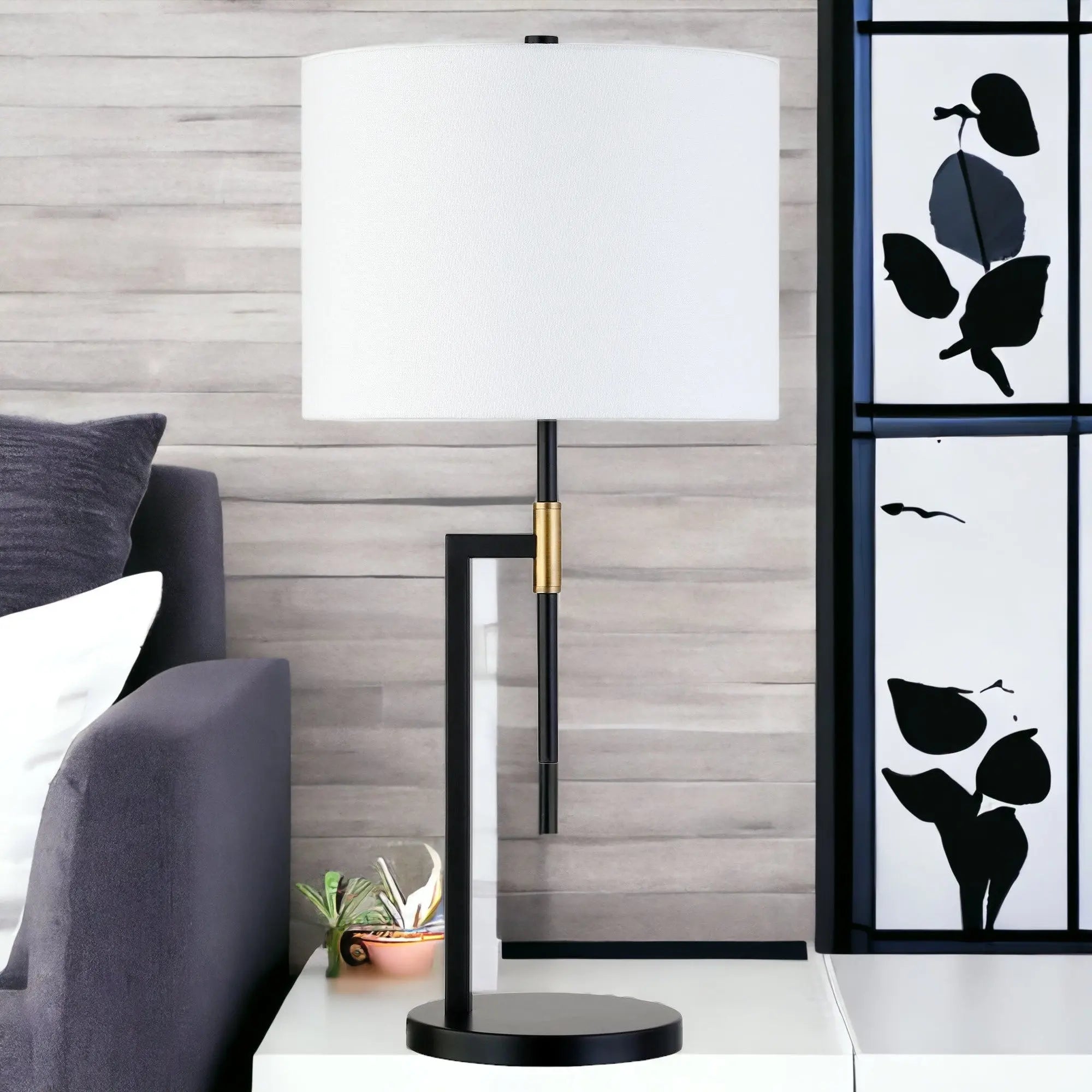 25" Black and Gold Metal Table Lamp With White Drum Shade White Diomedes