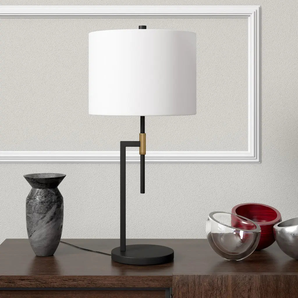 25" Black and Gold Metal Table Lamp With White Drum Shade White Diomedes