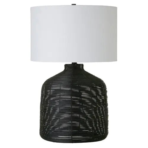27" Black Rattan Table Lamp With White Drum Shade White Diomedes