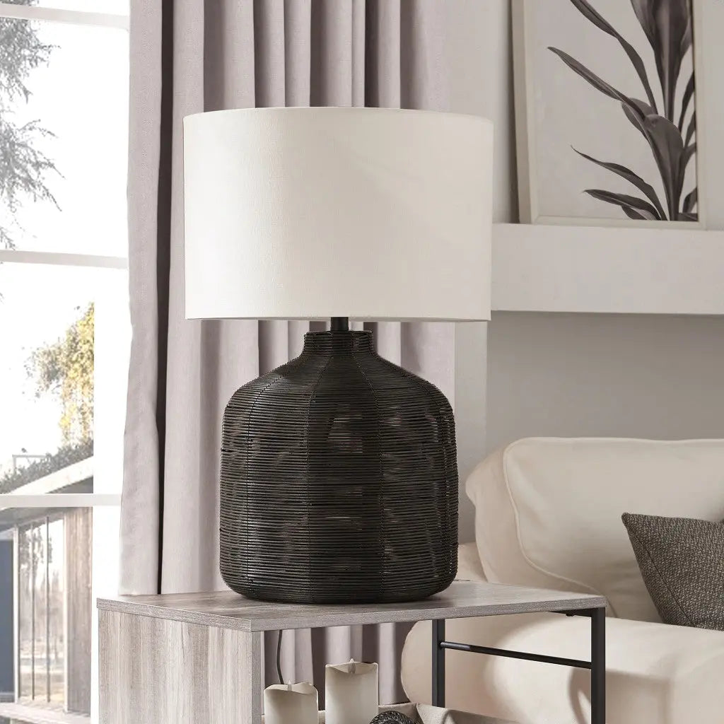 27" Black Rattan Table Lamp With White Drum Shade White Diomedes