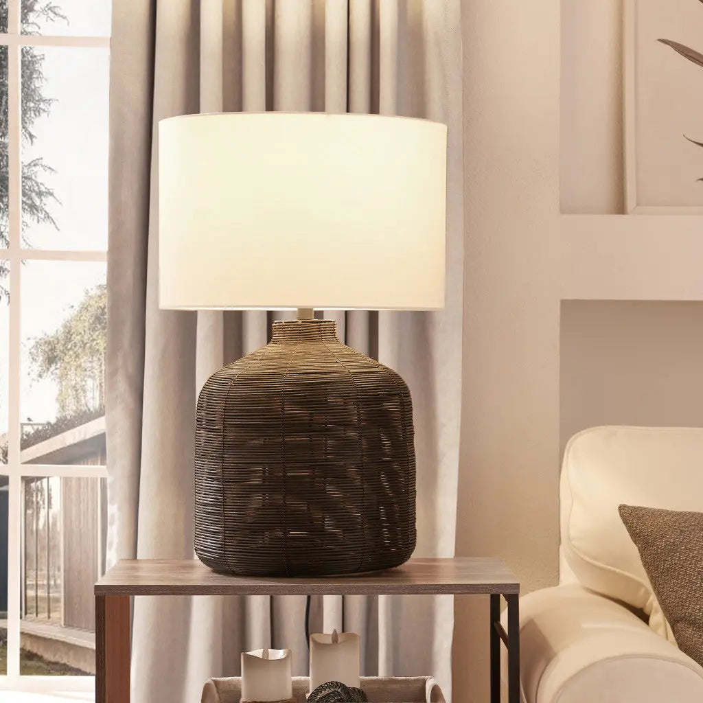 27" Black Rattan Table Lamp With White Drum Shade White Diomedes