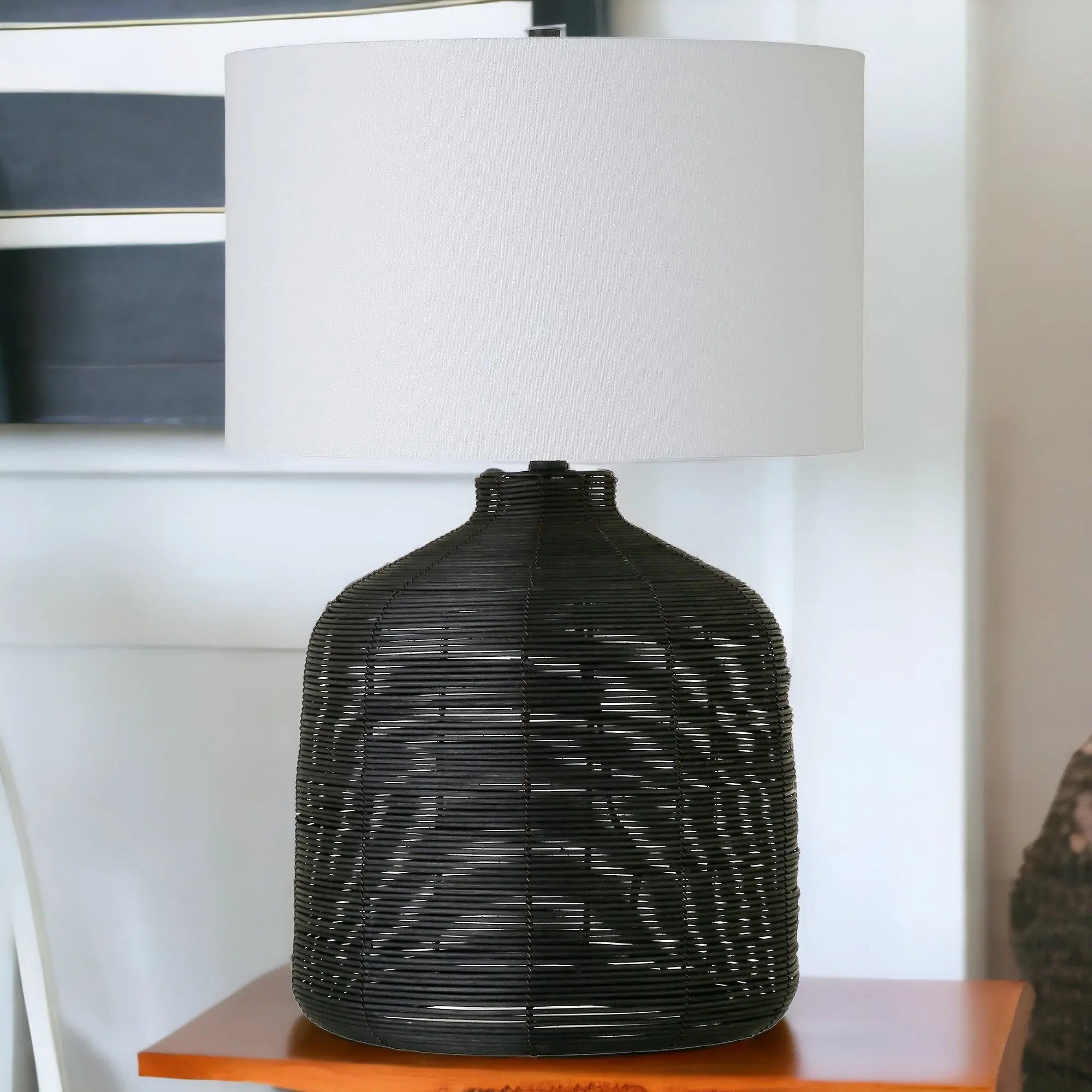 27" Black Rattan Table Lamp With White Drum Shade White Diomedes
