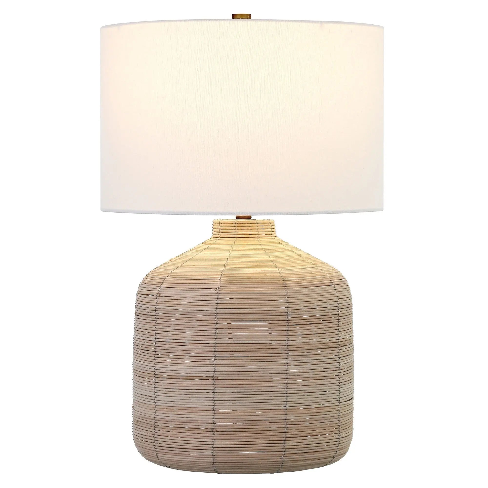 27" Natural Rattan Table Lamp With White Drum Shade White Diomedes