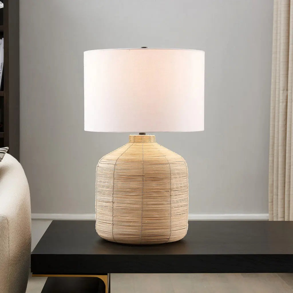27" Natural Rattan Table Lamp With White Drum Shade White Diomedes