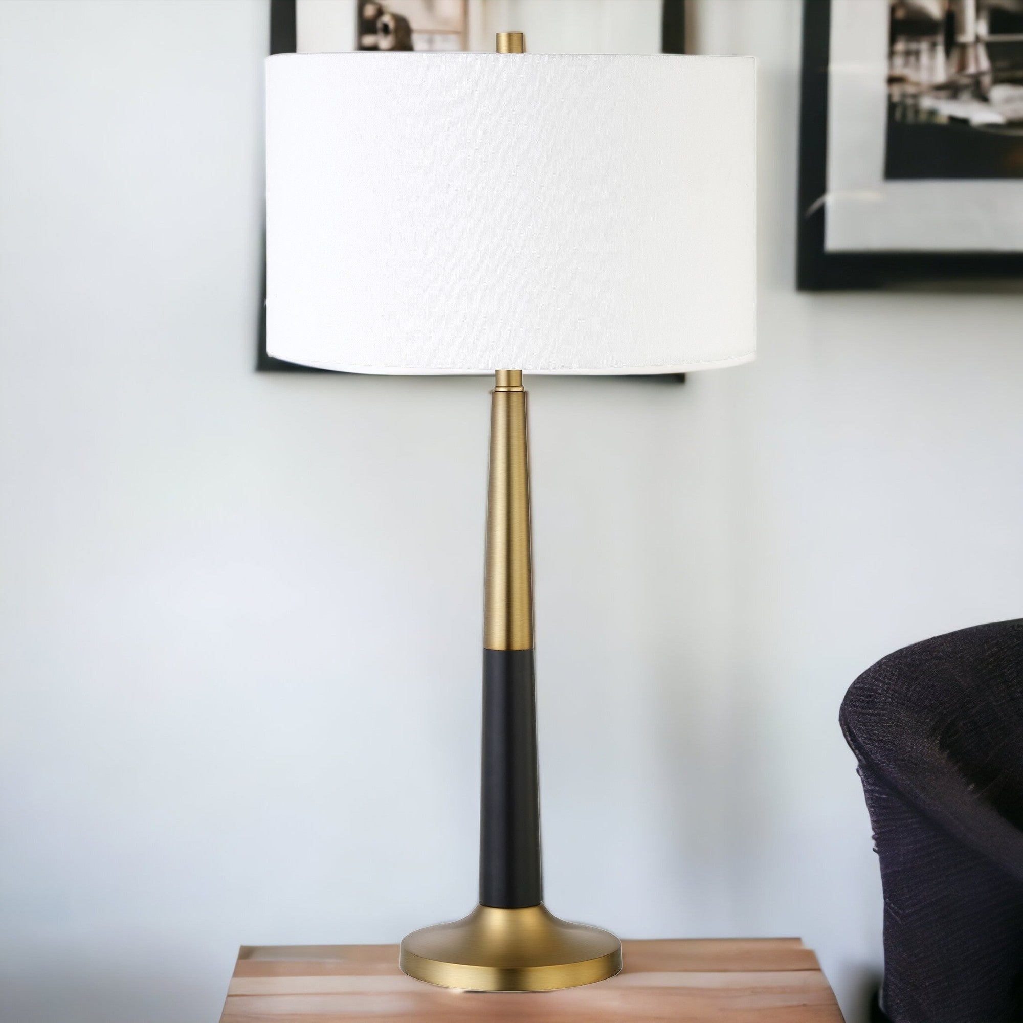 29" Black and Gold Metal Table Lamp With White Drum Shade White Diomedes