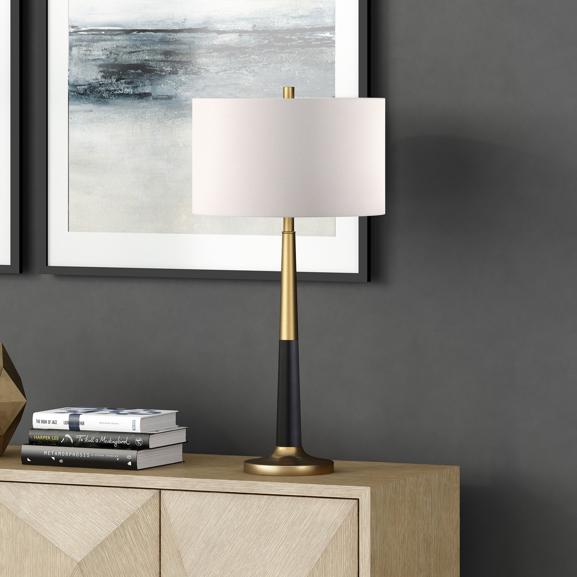 29" Black and Gold Metal Table Lamp With White Drum Shade White Diomedes
