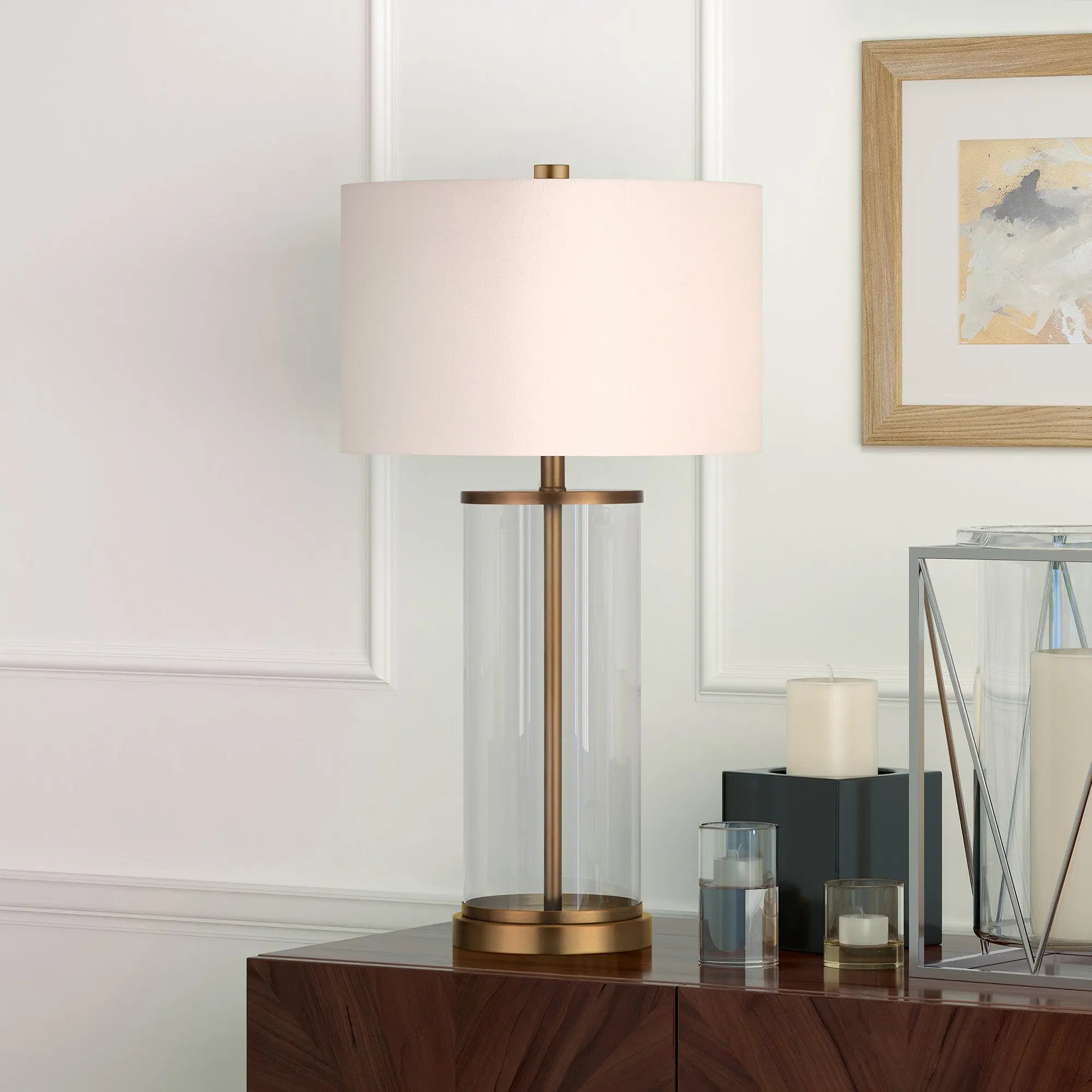 28" Brass Glass Table Lamp With White Drum Shade White Diomedes
